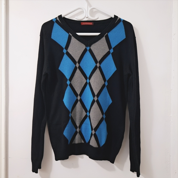 Black and Blue Argyle Sweater - Medium - Picture 3 of 7